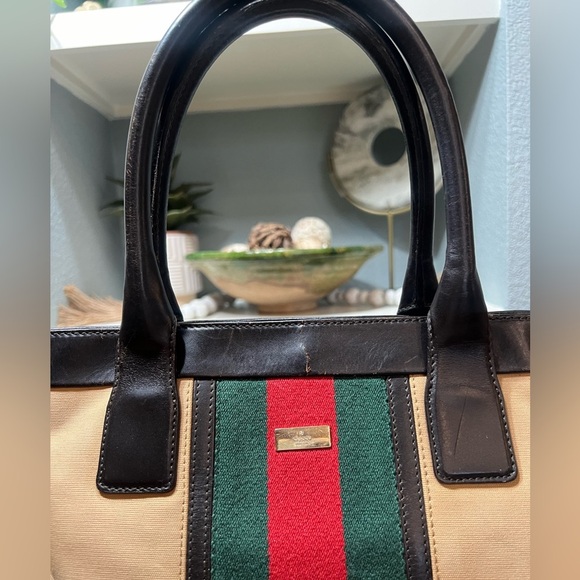 GUCCI Web Sherry Line Tote Bag Canvas Leather Purse- 💎Authenticated 💎 - Picture 3 of 16